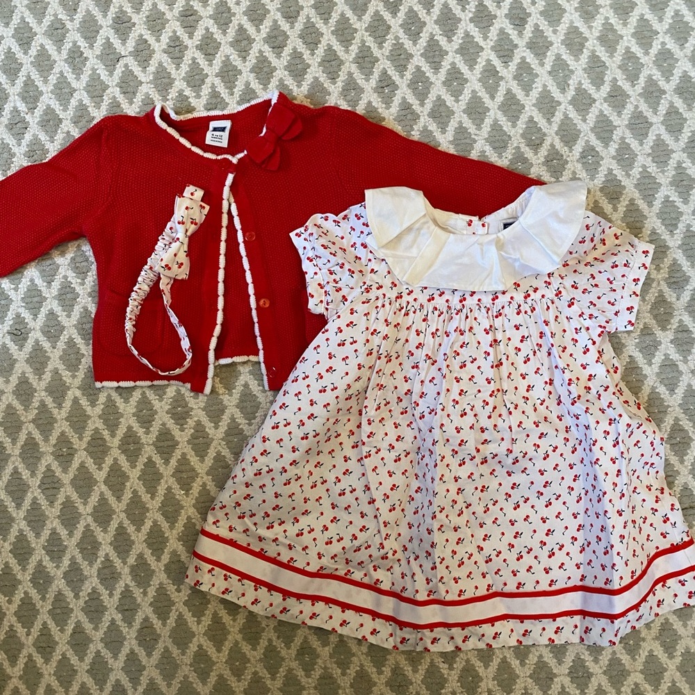 Like New - Janie and Jack Baby Girl Cherry Dress with matching sweater and now